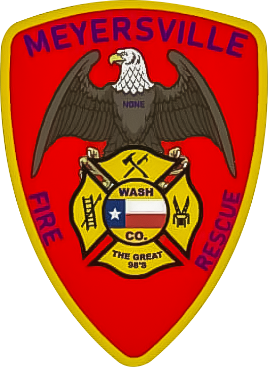 A meyersville fire and rescue emblem featuring a metallic eagle above crossed firefighting and rescue tools, with flags and a banner reading "wash co. the great 983" on a red and yellow shield.