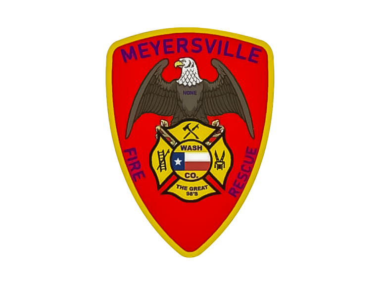 Red and gold shield-shaped logo for meyersville fire and rescue, featuring an eagle above two crossed axes, with text "the great 58" and "wash co.