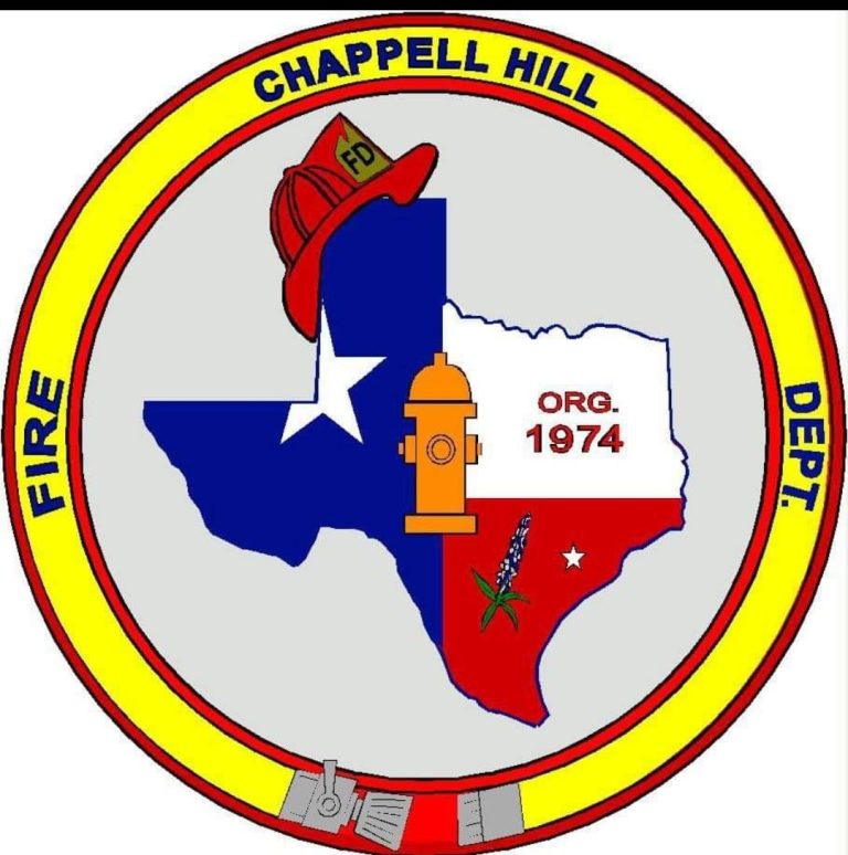 Logo of Chappell Hill Fire Department featuring a map of Texas with the state flag's colors. A fire hydrant, established date "Org. 1974," and a fireman's hat are superimposed on the map. The circular yellow border has "Chappell Hill Fire Dept." inscribed.