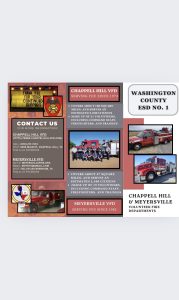 A flyer for Chappell Hill and Meyersville Volunteer Fire Departments. It showcases their services, vehicles, firefighting personnel, and contact information. Emphasizes their coverage areas, training, and their longstanding service since 1974 and 1982 respectively.
