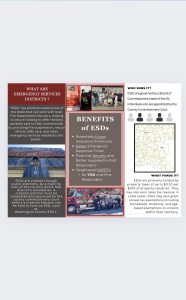 Informational flyer about Emergency Services Districts (ESDs) featuring benefits, how they are funded, who runs them, and their purpose. Includes images of emergency response, firefighters, and a highlighted county map. Text blocks explain ESD formation and functions.